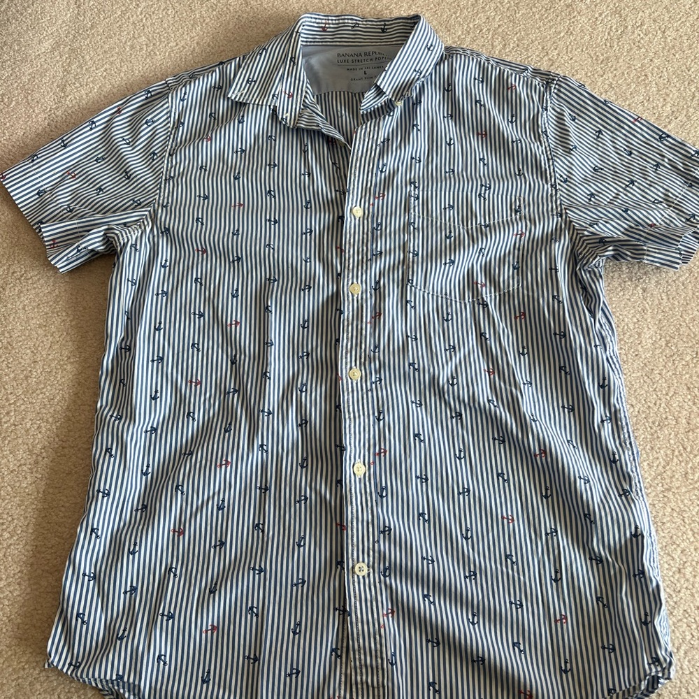 Banana Republic Men’s Anchor and Navy/White Striped Short-Sleeve Button-Down